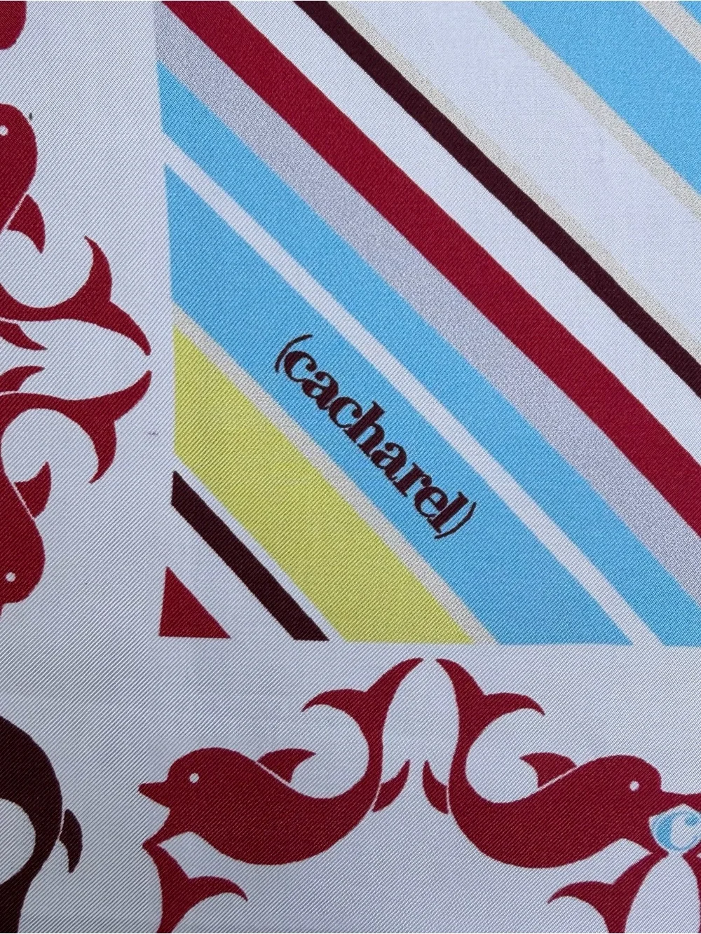 Vintage CACHAREL Silk Square Scarf Red Dolphin Border Diagonal Striped Nautical